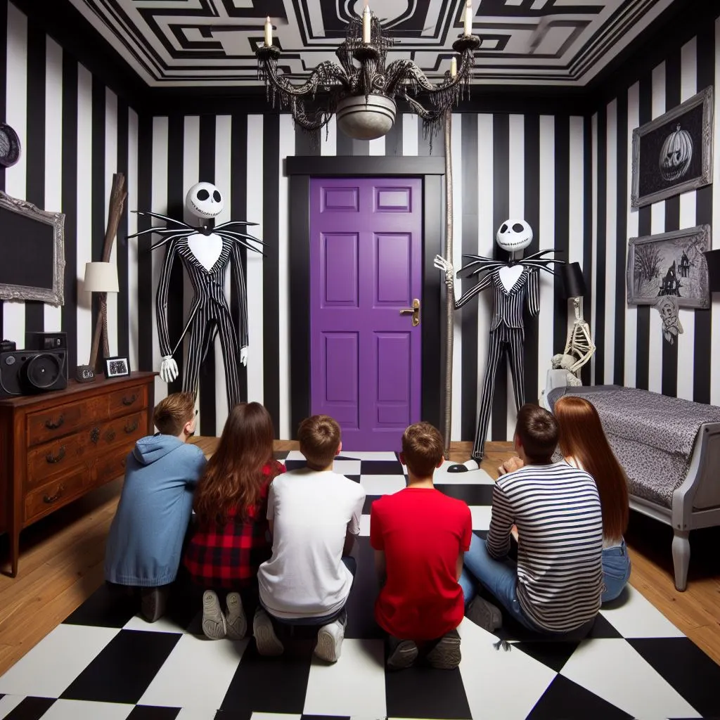 Niños haciendo un escape room con temática de Pesadilla antes de Navidad